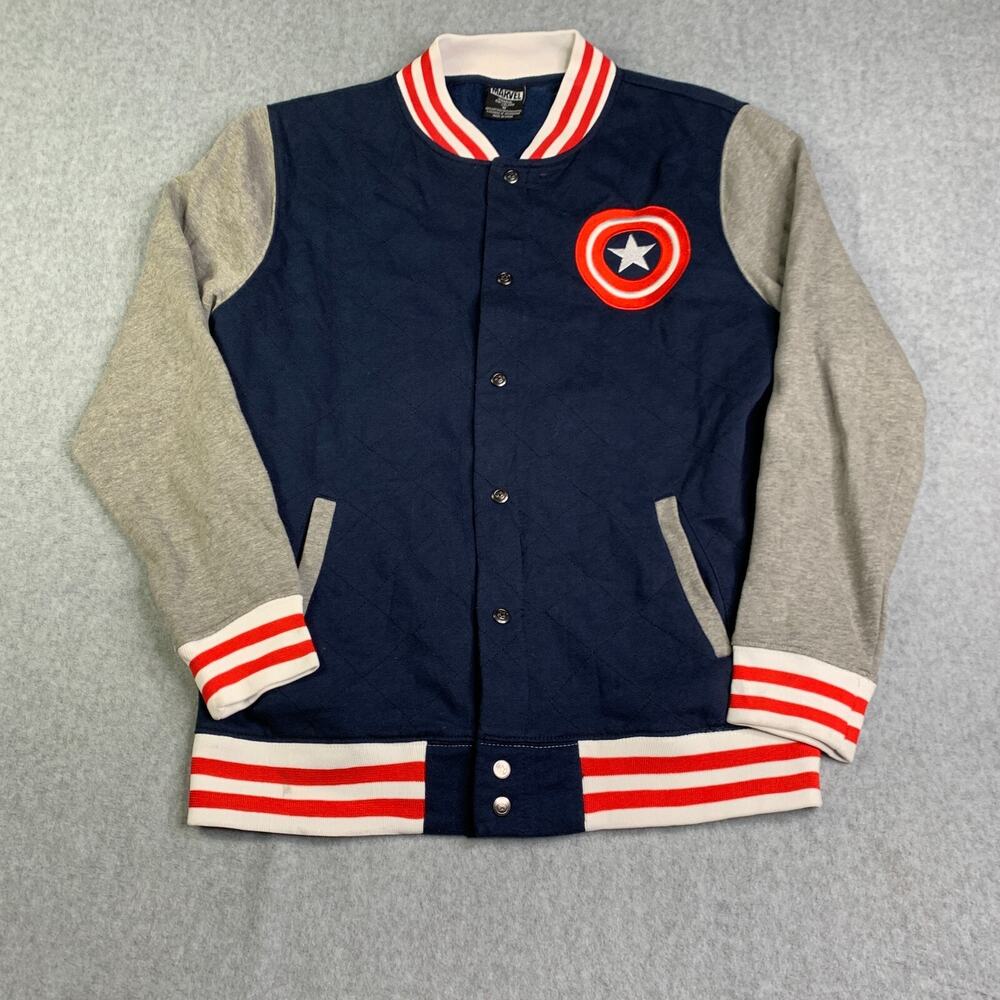 Marvel Captain America Jacket Letterman Medium Navy Blue Snap Mens Varsity